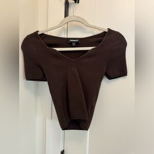 Express Brown Ribbed V-Neck Top